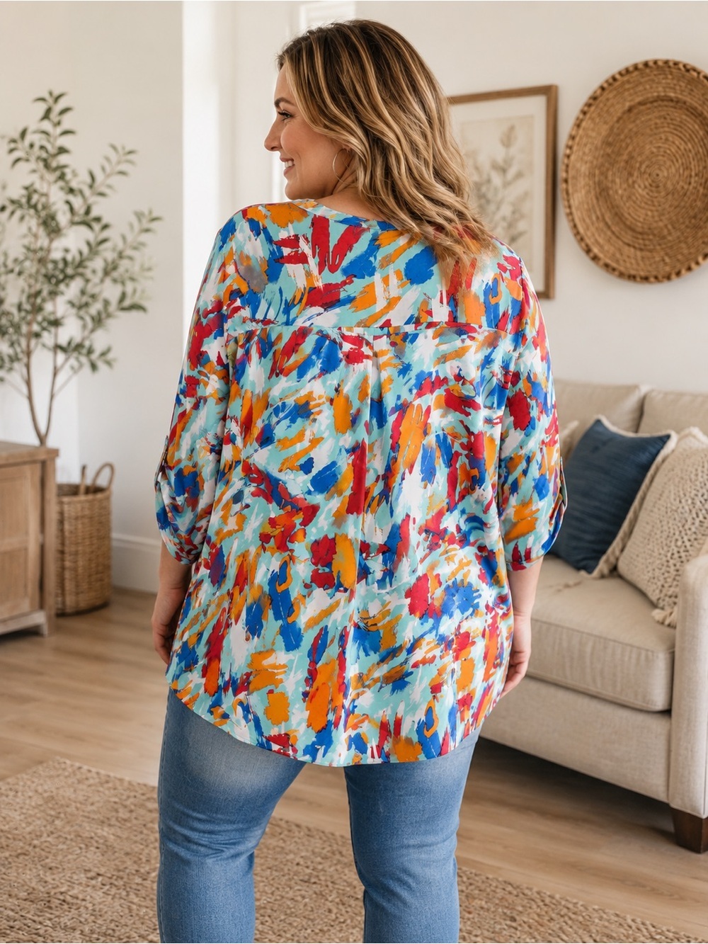 Dear Scarlett XL Abstract Brushstroke Tunic Top Roll Tab Sleeve NWT - Picture 2 of 8